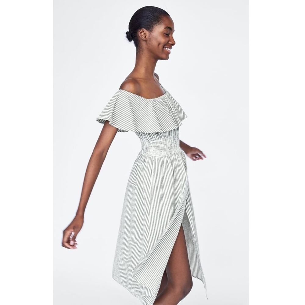 Zara Pinstripe Seersucker Off Shoulder Midi Dress